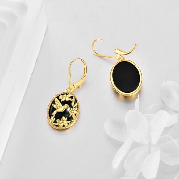 Neiman Marcus Gold-Plated Onyx Oval Hummingbird Dangle Leverback Earrings - Picture 3 of 4